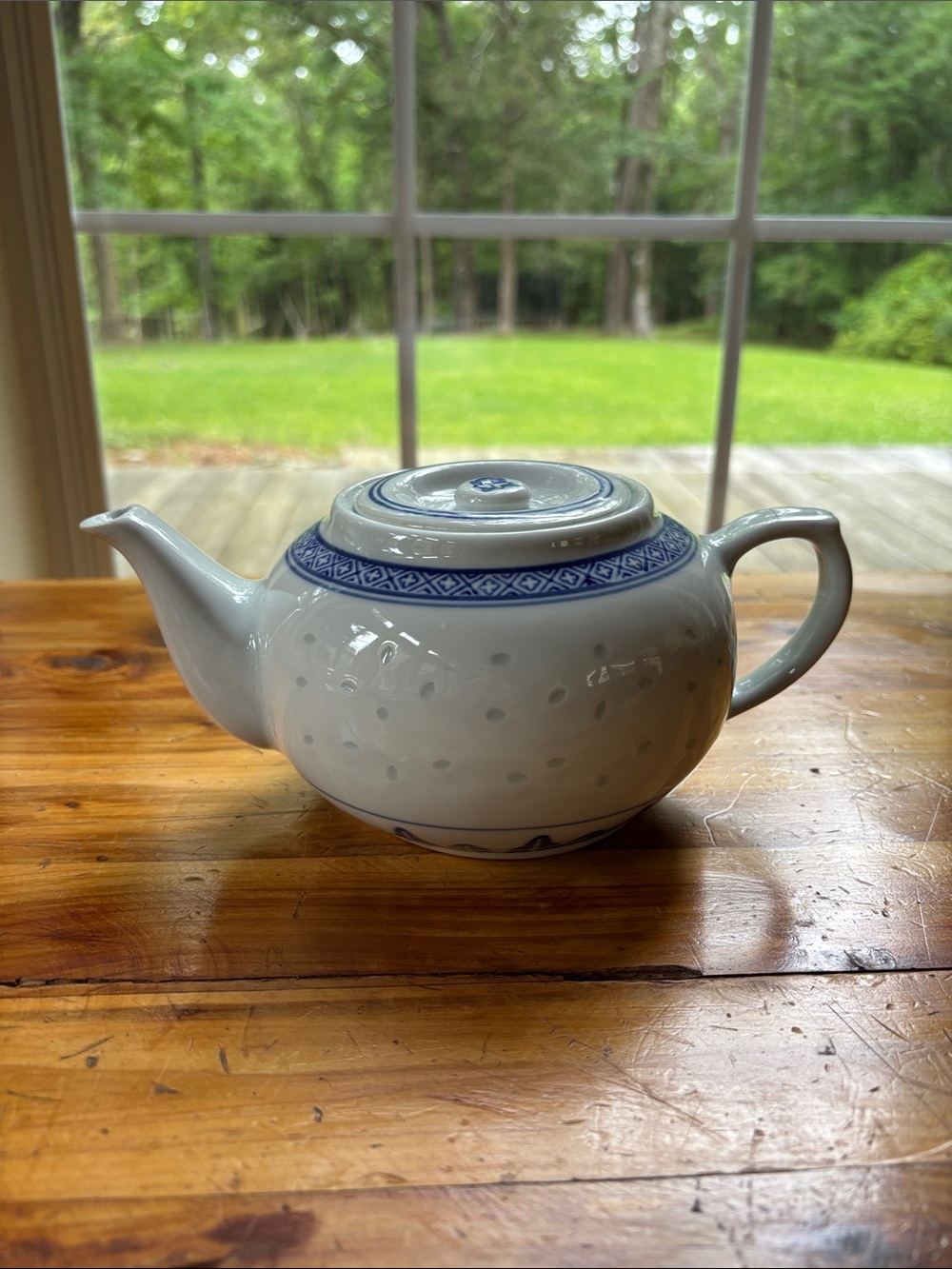 Vintage 70's Chinese Blue And White Porcelain Teapot With Rice Grain Pattern